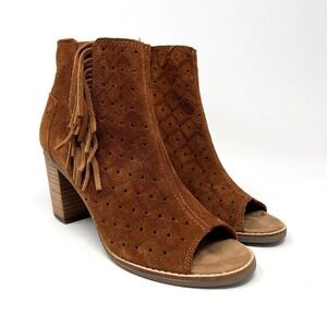TOMS Suede Booties Cinnamon Brown Peep Toe Majorca Perforated Fringe Women’s 7